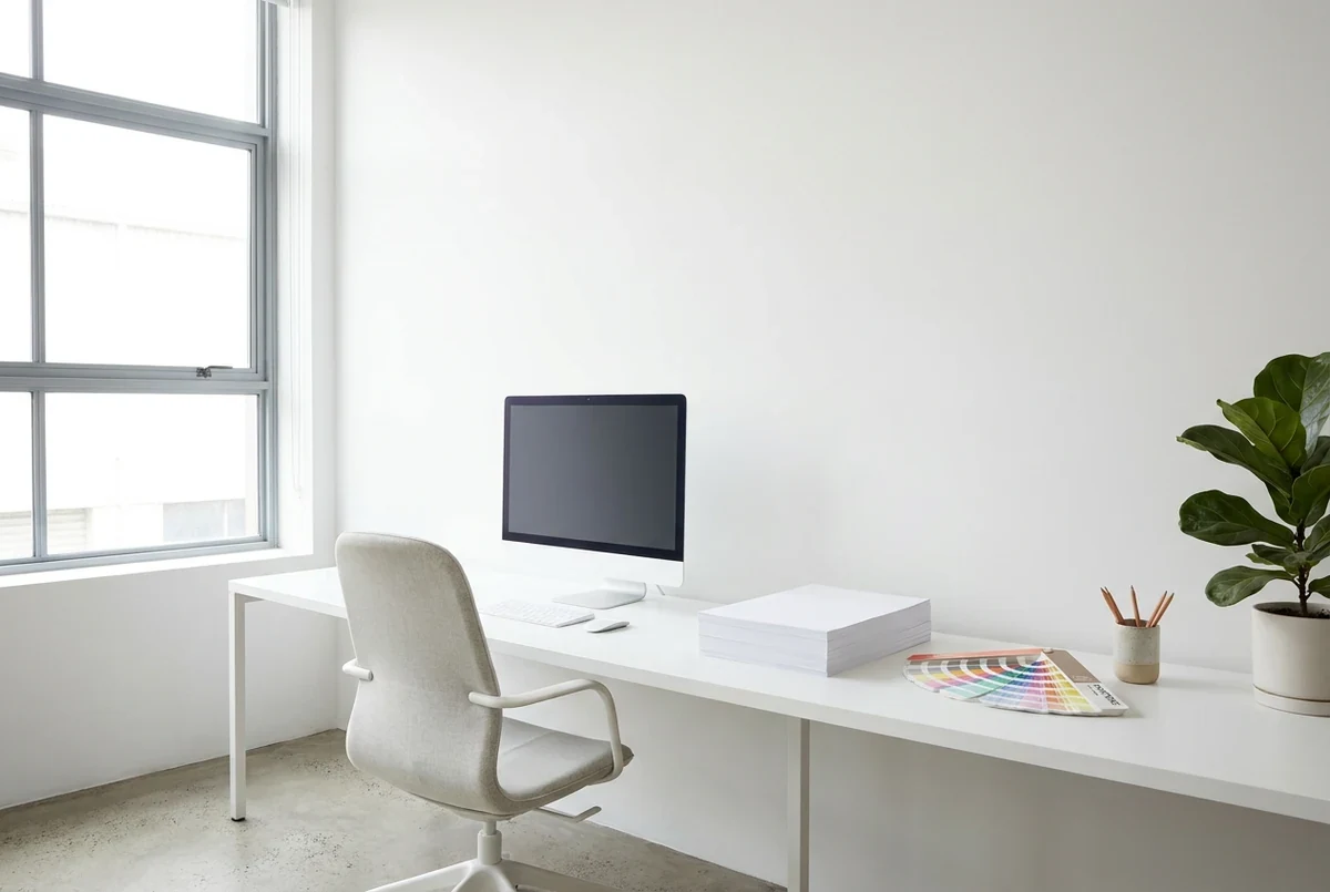 Heller Arbeitsplatz mit langem weißem Tisch, Bildschirm, Papierstapel und Farbfächer am Fenster